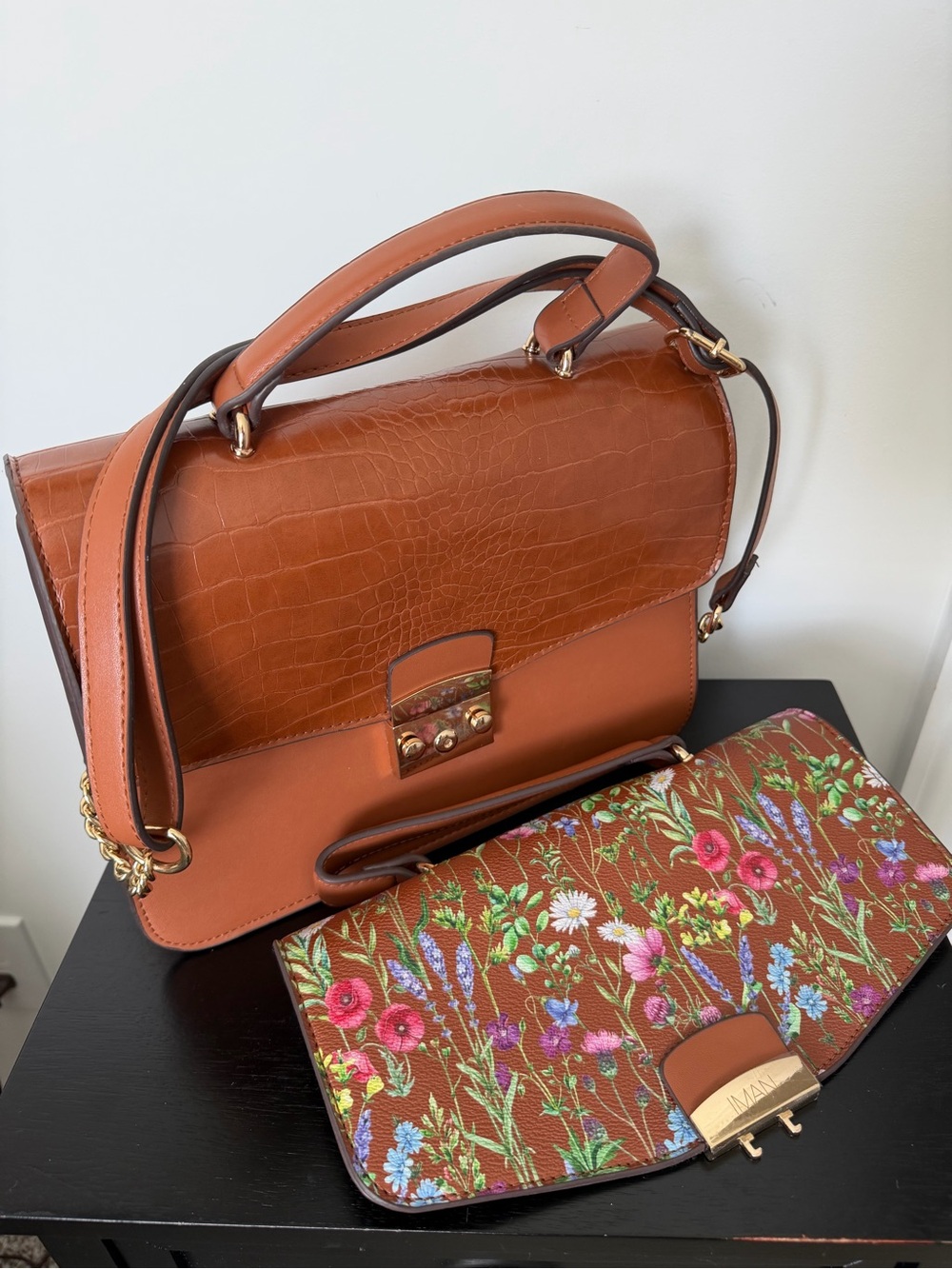 IMAN Convertible Satchel Handbag Crossbody - Brown Croc and Wildflower Flaps